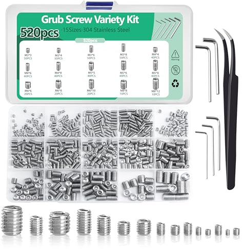 Nivithi 520pcs Grub Screws Assorted Set,M3 M4 M5 M6 M8 Cone Point Small Stainless Steel Screws,Grub Screw Kit for Door Handles,Fixtures,Repair,Assortment Box,GS2