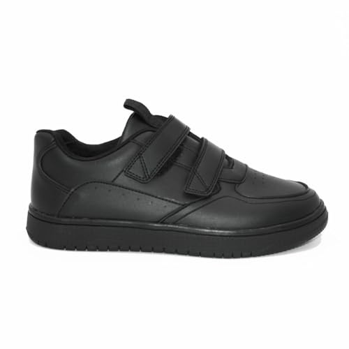 Boys School Shoes Trainers – Black Scuff-Resistant Smart Uniform Footwear with Twin Hook and Loop Straps – Comfortable, Durable, Non-Slip – UK Sizes 4