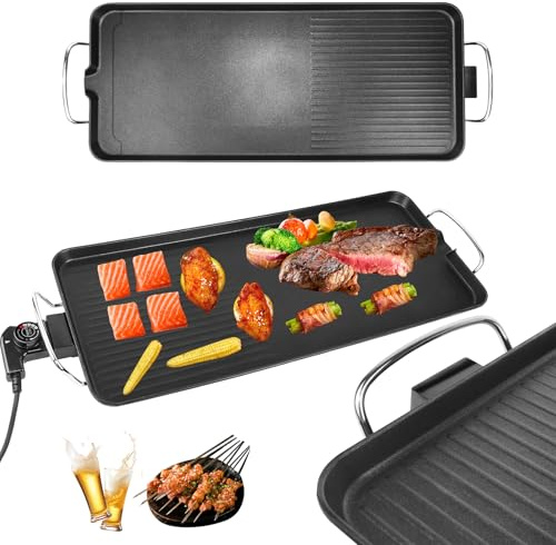 1500W Electric Grill BBQ Griddle， Large Teppanyaki Hot Plate ，5 Temp Control ，Premium Ceramic Coating & One-Minute Clean – Large Teppanyaki Hot Plate for Family BBQs, Flats and Balconies