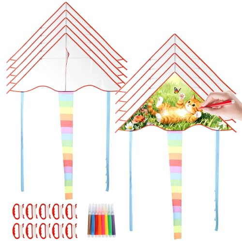 DIY Blank Kites,10Pcs kids Kite Making Kit 33.46 x 16.54 in Blank Kites with 8 Colors Pens Included, Easy to Fly Triangle Kite Bulk, Foldable Portable for Outdoor Games and Activities