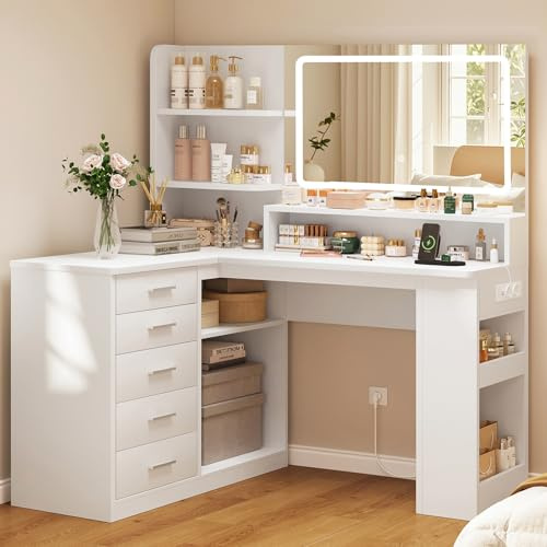 TEENFON Große Schminktisch mit LED-Beleuchtung und Spiegel, Schminktisch mit Schubladen und offene Ablage, Frisiertisch mit Steckdosen, Schlafzimmer, Weiß, 5 Schubläden+ 5 seitliche Ablageräume