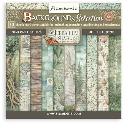 Stamperia - Scrapbook Paper Pad for Scrapbooks, Albums, Cards, Bullet Journals and More, Acid Free, Double-Sided, Perfect for Crafts and Gifting (Herbarium Silvae Background Selection) (20.3 x 20.3cm)