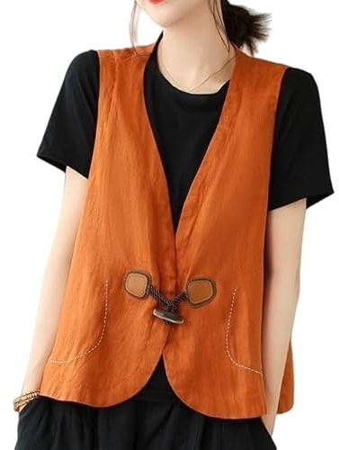 KUUFUUT Gilet Estivo Da Donna In Cotone E Lino Top Da Donna con Tasche Scollo A V Bottoni Casual Leggero Senza Maniche Giacca Y2K Gilet Streetwear Arancione L