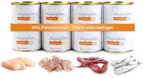 Lucky Kitty Katzenfutter Nass, 95% Fleisch I Katzenfutter ohne Getreide & Zucker, Lebensmittelqualität I Nassfutter für Katzen & Kitten, Keine Zusätze I Katzennassfutter Made in Germany I 8x200g Mix