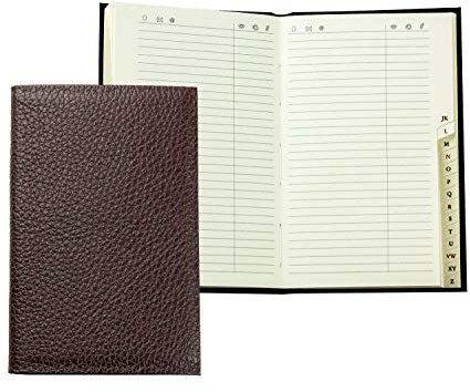 DELMON VARONE - Personalisierbares Adressbuch DIN A7 gebunden mit A-Z Register Soft Grain Premium Leder braun, Mini Echtleder Telefonbuch im Hardcover Einband & alphabetischem Telefonregister klein