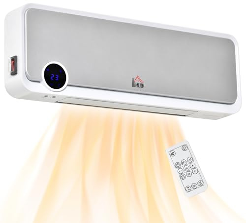 HOMCOM Wall Downflow Heater 2 Heat and Fan 1000W/2000W, Electric Space Heater with Timer Remote Oscillating, for Bedroom Home Office, White and Silver