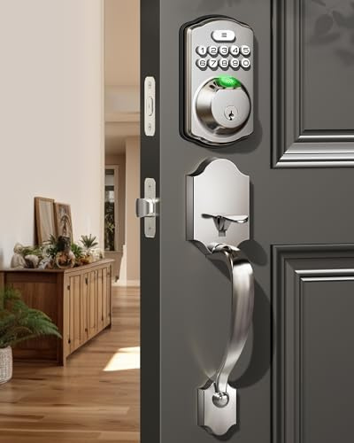 Veise Fingerprint Door Lock Set, Keyless Entry Door Lock, Front Handle Set, Electronic Keypad Deadbolt with Lever Handle, 2 Keys, Auto-Locking, One-time Codes, Easy to Install, Satin Nickel
