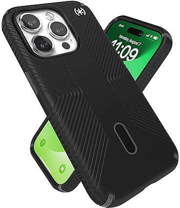 Speck iPhone 15 Pro Hülle – ClickLock rutschfeste Interlock, gebaut für MagSafe, Fallschutzgriff – Kratzfest, weiche Haptik, 6,1 Zoll Handyhülle – Presidio2 Grip Schwarz/Schiefergrau/Weiß