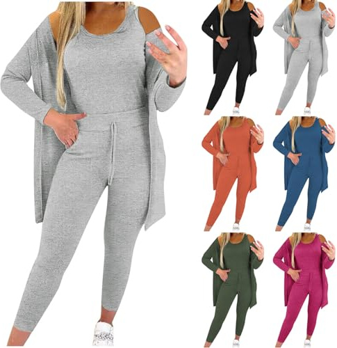 3 Piece Tracksuit Womens Full Set Lounge Wear Sets Plain Long Sleeve Cardigan Coat + Crop Tank Tops + Sweat Pants Casual Sweatsuit Sets Workout Joggers Outfit Activewear Gym Sets