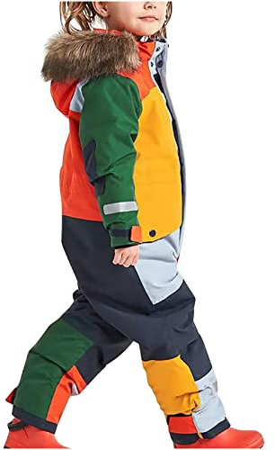 Ybing Traje de Nieve para Niños, Resistente al Agua, Mono de Esquí Grueso y Cálido, Transpirable, Con Capucha, Bloque de Color, Térmico de Una Pieza, Impermeable Con Rayas