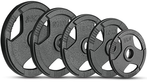 FK Sports Cast Iron Olympic Weight Plates - Cast Iron Weight Plates 2” opening, 5kg, 10kg, 15kg, 20kg, 25kg Tri Grip Barbell Weights, Gym Equipment for Home, Sold in Pair (25 Kilograms)