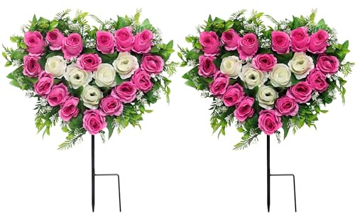 Lodou 2 Sets Artificial Cemetery Flowers, Grave Memorial Flowers with Ground Spike,Heart Shaped Wreaths Rose Flowers for Artificial Rose Decoration for Cemetery Headstones Gravesites (Pink)