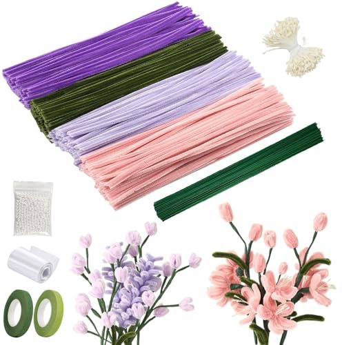 Lotvic Limpiapipas Manualidades, Limpia Pipas para Manualidades, Tallos de Chenilla, Manualidades Tallos de Chenilla, con Cinta Adhesiva, Alambre Floral, Cinta, Cintas, Cuentas, Soporte, Tulipán DIY