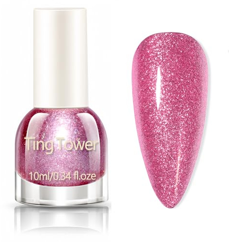 Pink Glitter Nail Polish,Quick-Dry Sparkle Varnish,Iridescent Rose Pink Shimmer,Long-Lasting Gloss Finish,High Glossy Sparkly Shiny,No UV Lamp Needed, Romantic & Party Ready