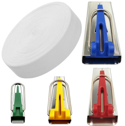Bias Tape Maker Set, 5Pcs Cotton Twill Bias Binding Maker with Sewing Clips, for Quilting, DIY Home Decor, Gift Wrapping, Includes 6mm, 12mm, 18mm, 25mm Sizes and 5M Herringbone Webbing