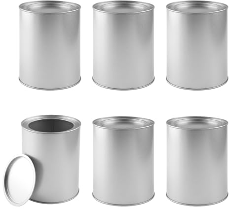 Lotsdonxia 6 Pack 1L Tinplate Paint Cans with Lids, Silver Empty Multipurpose Storage Tins for DIY Crafts & Garage