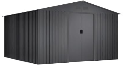 Wasabi - Caseta Jardín Exterior 10,2m2 Light Anthracite – 4 Rejillas Anticondensación - Puerta Corredera Doble – Techo a Dos Aguas - Cobertizo de Metal Almacenaje – 322x324x205cm