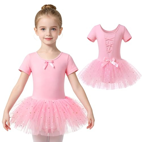 JinBei Vestido Ballet Niña Algodón Maillot de Danza Lentejuelas, 2-9 Años | Traje de Ballet Tutu Cómodo, Manga Corta y Larga, Gimnasia Body de Baile Ropa Infantil, para Actuación, Práctica, Diaria