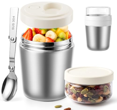 GREENTAINER Vaso térmico con tapa de acero inoxidable 304, vaso de yogur al vacío, a prueba de fugas, con cuchara plegable, aislamiento de doble pared para 6 horas de calor y frío, válvula de