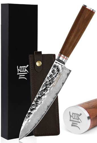 YOUSUNLONG Coltello da chef - Lama di 200 mm in acciaio Damasco martellato giapponese - Affilato come un rasoio - Coltello da cucina - Manico in legno di noce naturale con fodero in pelle