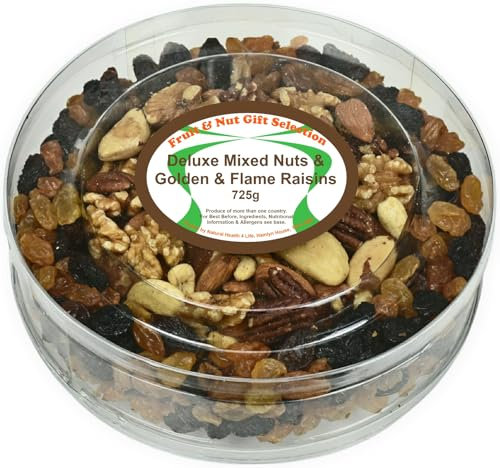 Natural Health 4 Life Selection Gift Box Containg Deluxe Mixed Nuts (Walnuts, Cashews, Almonds, Brazils and Pecans) and Golden and Flame Raisins 725g