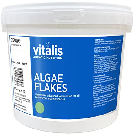 Vitalis Algae Flakes Fischfutter Aquarium Fischfutter Aquarium Flakes für pflanzenfressende Meerestiere - Hochverdaulich und Ausgewogen - Vitamine und Mineralien (250g)