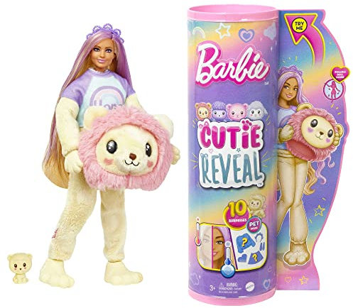 Barbie Cutie Reveal Puppe - Plüschlöwe mit 10 Überraschungen, bewegliche Puppe mit Accessoires, inklusive Mini-Haustier und Fleece-Jacke, für Kinder ab 3 Jahren, HKR06