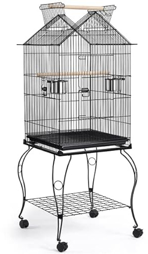 Abician Cage à Oiseaux avec Support détachable 59,5 x 59,5 x 145 cm en métal Cage à perroquets à Toit Ouvert avec roulettes
