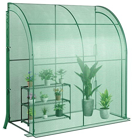 SAFSTAR 7 x 3.5 x 7 ft Greenhouse, Mini Lean-to Walk-in Green House with 3 Tiers Flower Rack & Weatherproof PE Cover, Roll-up Zipper Doors, Indoor Outdoor Garden Greenhouse for Seedling & Pot