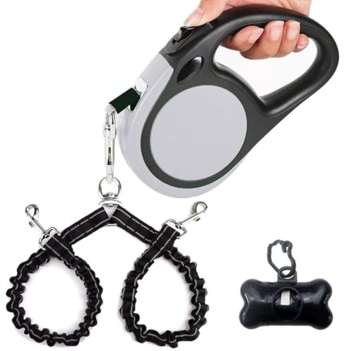 Dual Retractable Dog Leash for 2 Large Dogs (Up to 110 Lbs Each) - Double Headed 16 ft Extendable Pet Leash with Poop Bags, Non Slip Grip - One Button Break & Lock, 360 Tangle-Free (Gray, Large)
