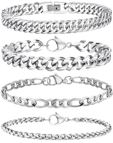 TZQFROCE 4 Stücke Armband Herren Silber Herren Armband 19cm Edelstahl Armreif Panzerkette Armbänder für Männer Edelstahl Armbander He-rren Armbander Panzerkette für Papa Freund Schmuck Geschenk