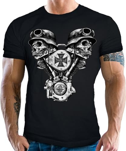 Gasoline Bandit Camiseta para motociclistas y motociclistas: V-Twin Skulls Iron Cross, calaveras, L