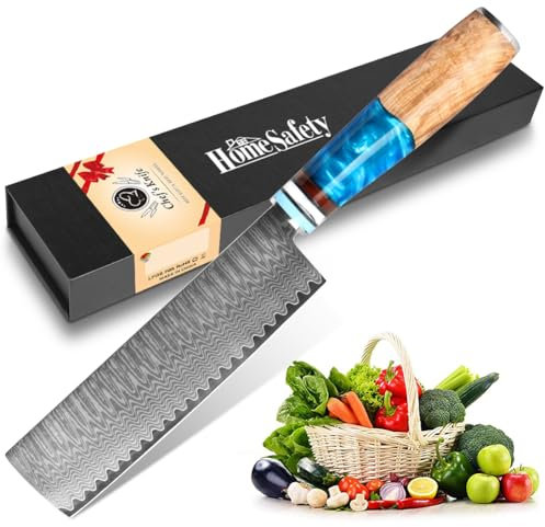 Damascus Kitchen Knife, Professional 17cm Sharp Chef's Knife, 67 Layers of Damascus Steel, Damascus Knife with Ergonomic Blue Resin Handle for Home/Restaurant