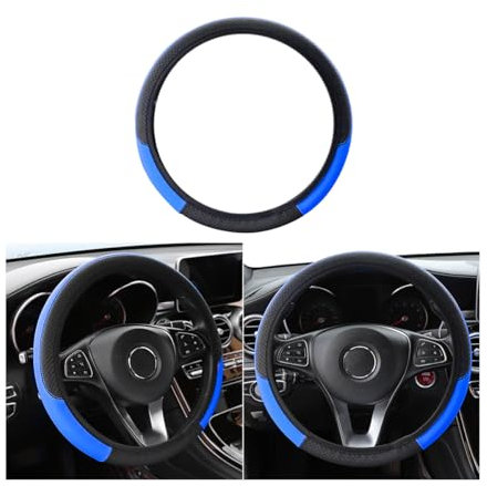 Adunsiaoto Leather Non-slip Striped Steering Wheel Protector Without Inner Ring, Elastic Band Without Inner Ring, Universal Anti-Slip Breathable Protector Interior Accessories for Car(Black/Blue)