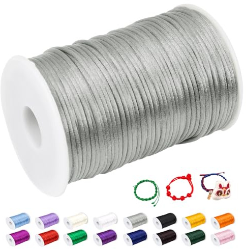 CAMAL 2mm Fil Nylon pour Bracelet, 100m Fil Bracelet Cordon Satin Cordon Bracelet Coulissant Coloré Cordon Collier pour Pendentif, Perles, Creation Bijoux, DIY Artisanat (Gris Argent)