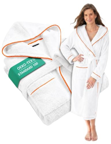 ELEVAVIDA Peignoir de Bain Femme en Coton douillet 400 g/m2 avec Capuche - robe de chambre femme extra doux et confortable - taille XS/S/M/L/XL - peignoir de bain sauna en éponge certifié OEKO-TEX