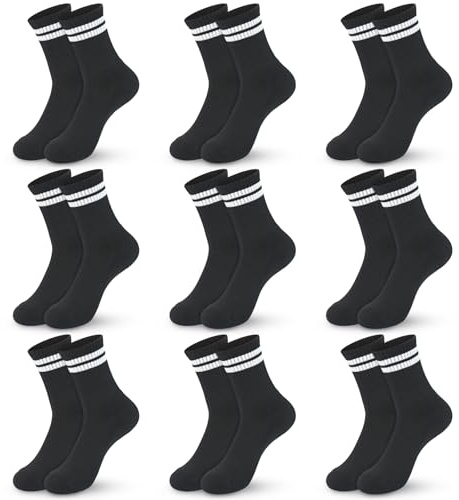 KOOOGEAR 9 Pairs Kids Socks Boys Girls Socks Junior Crew Cotton School Sports Socks White Black Grey Striped Athletic Socks Casual Stretchy Socks 3-12 Years
