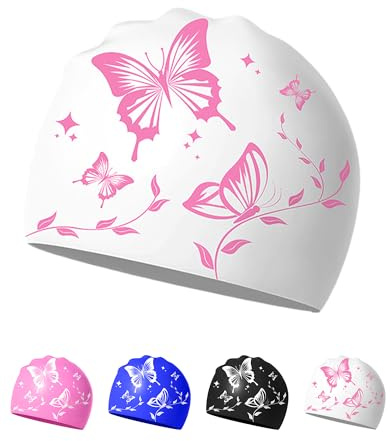 Bonnet de Bain Femme en Silicone Antidérapant, Résistant à l'eau – Design Moderne pour Piscine et Natation (Papillon Blanc)