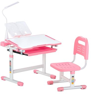 VEVOR Set Scrivania e Sedia da Lavoro per Bambini, Tavolo da Lavoro e Sedia per Bambini con Lampada da Tavolo, Piano Scrivania Inclinato da 0 a 40° Altezza Regolabile, per Camera da Letto Studio, Rosa