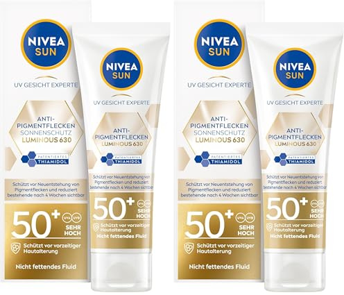 NIVEA SUN UV Gesicht Experte Anti-Pigmentflecken Sonnenschutz LSF 50+, nicht fettendes Sonnencreme Fluid mit patentiertem Thiamidol, Gesichtspflege mit Hyaluron und Vitamin E (40 ml) (Packung mit 2)