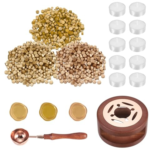 PATIKIL Kit De Sellos De Cera, 300 Piezas De Cuentas De Sellado De Cera, Calentador De Madera, Cuchara De Derretimiento, 10 Velas Tealight Para Manualidades DIY, 3 Tonos Dorados