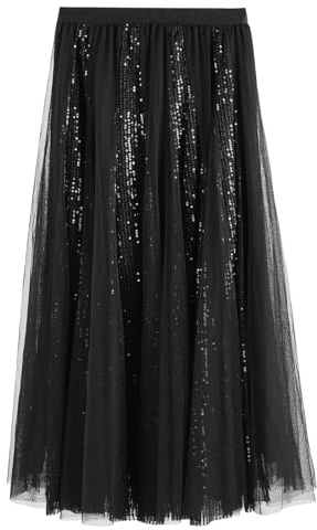 SPFASZEIV Falda Larga de Tul con Lentejuelas para Mujer Brillante Corte A Falda Midi para Damas Outfits Casual Fiesta Festival Una Talla Negro
