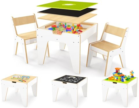 WINGYZ 4-in-1 Wooden Kids Activity Table and 2 Chairs, Ages 2-12 & 4-8 Building Blocks Construction Sensory Table with Storage, Spacious Kids Learning Desk