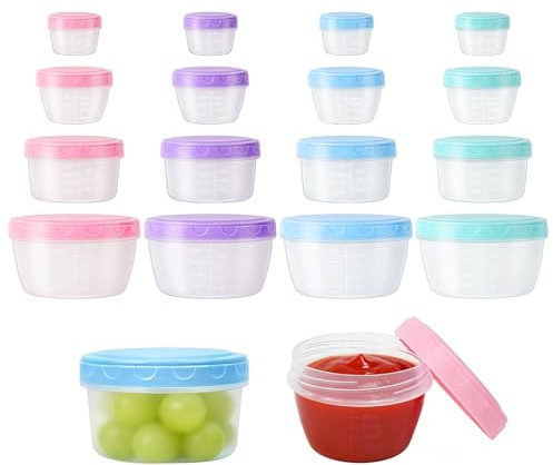 YBCCBY 16 Pcs Small Food Containers with Lids, 80ml 120ml 300ml 600ml Round Plastic Food Container Colorful Snack Pots Stackable Food Storage Jars