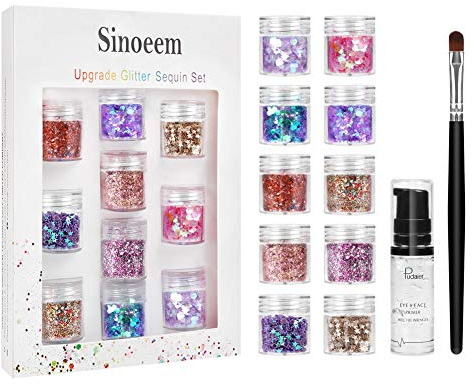 Sinoeem 10 Face Glitter Cosmetic Reflective Chunky Cosmetic Glitter for Face Body and Hair(Includes Long Lasting Fix Gel and brush) Festival and Party Beauty Makeup (10 Color)