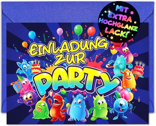 VULAVA 12x Monster EINLADUNGSKARTEN KINDERGEBURTSTAG Junge Mädchen + 12x Umschläge - die frech bunten MONSTER PARTY Karten sind die MONSTER EINLADUNG für Jungen Mädchen Kinder GEBURTSTAG KINDERPARTY