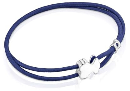 TOUS Pulsera Elástica en Azul para Mujer con Motivo de Osos En Plata de Primera Ley 1,1cm, 17 cm de Largo, Simple y Versátil, Colección Sweet Dolls