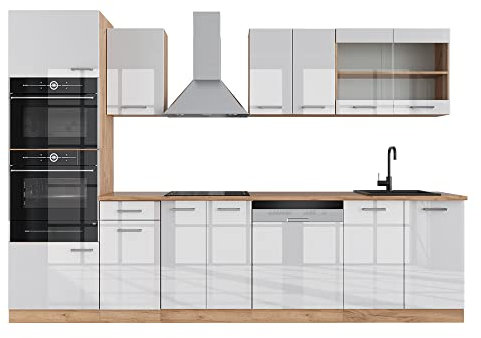 Vicco Küchenzeile R-Line, Weiß Hochglanz/Goldkraft Eiche, 300 cm mit Hochschrank, ohne Arbeitsplatte