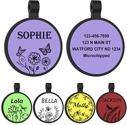 Hundemarke Personalisiert - GISUERY Hundemarke mit Gravur mit Stille Gestaltung - Silikon und Doppelseitige Gravur - Adressanhänger Hund mit 5 Farboptionen und 2 Spaltringen (Flora)