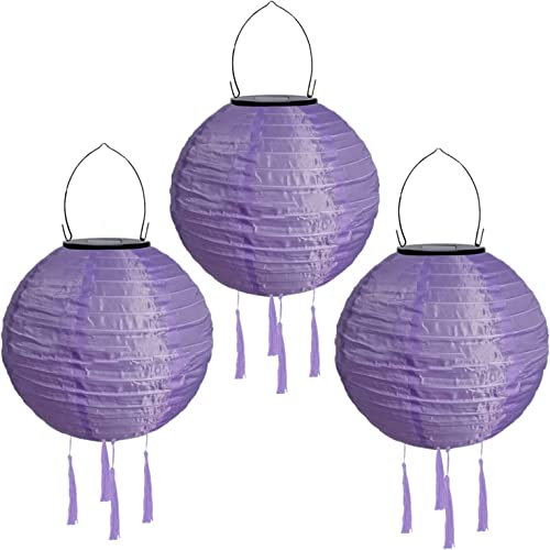 Youning Lot de 3 lampions solaires d'extérieur résistants aux intempéries - 30 cm - Avec pompon - À suspendre - Étanche - En nylon - Pour l'extérieur, le jardin, le balcon - Violet